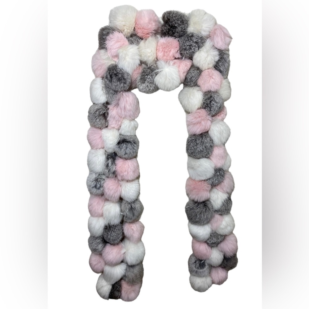 Fur Pom Pom Scarf‎ pink gray white GUC